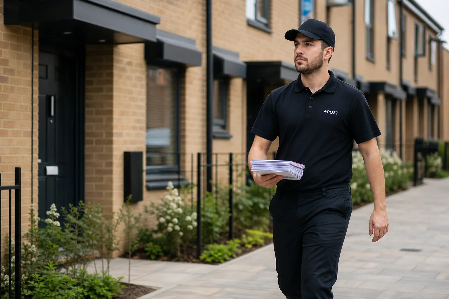 Letterbox +POST operative delivering leaflets in a UK residential area