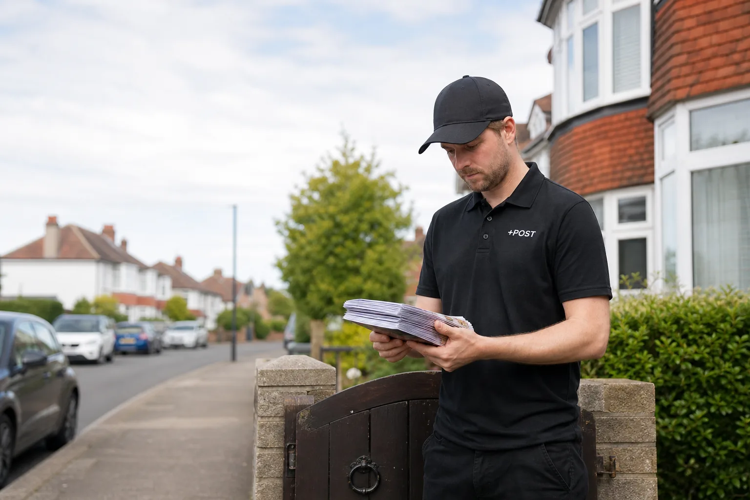 Letterbox +POST operative delivering leaflets in a UK residential area