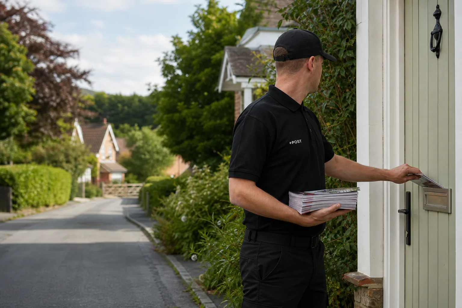 Letterbox +POST operative delivering leaflets in a UK residential area