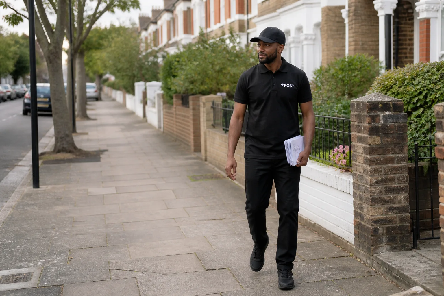 +POST delivery operative distributing leaflets in a residential area