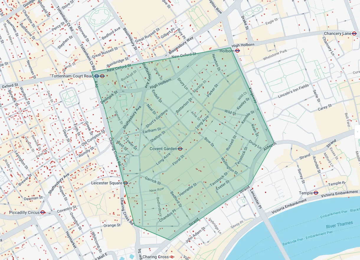 Engage map of Covent Garden with a drawn boundary and an individual dot marking every address inside and around it