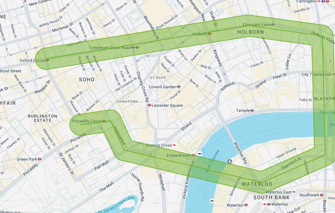 Engage map showing a buffer corridor following a route, capturing properties within a set distance either side