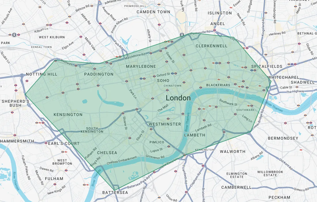 Engage map showing a custom polygon traced around central London with the addresses inside it counted