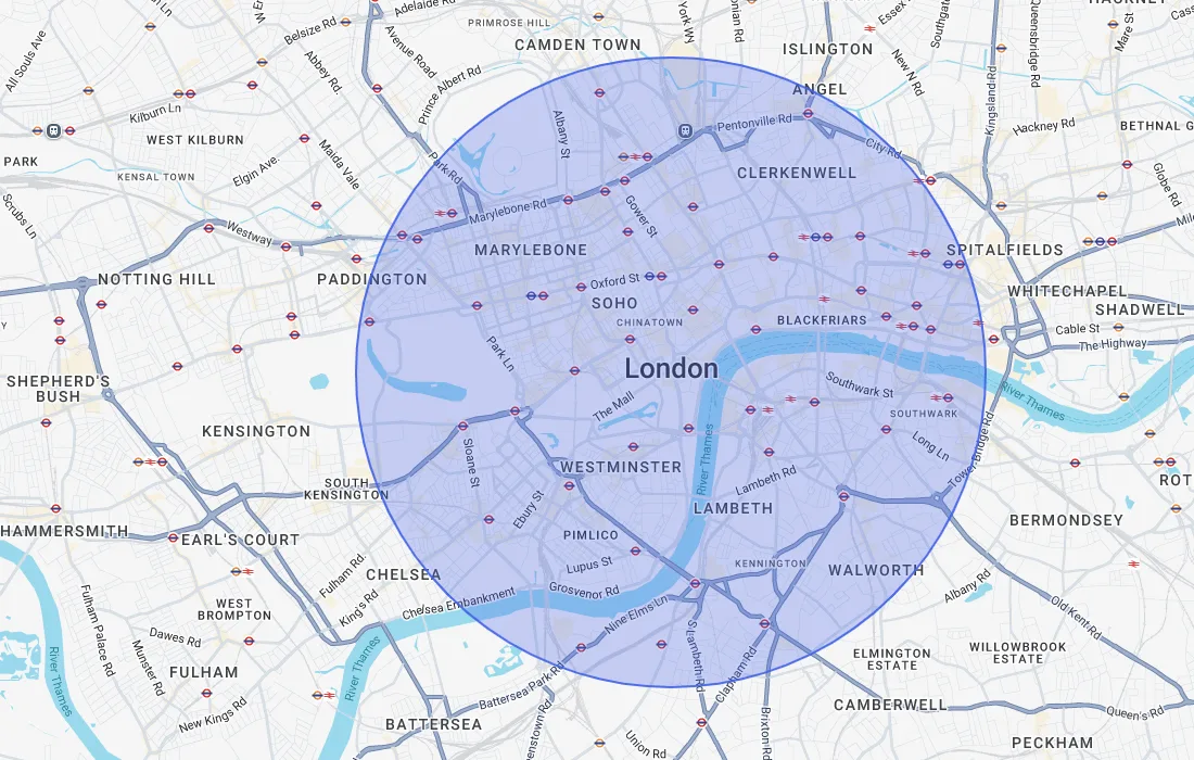 Engage map showing a circular radius catchment drawn around a central point