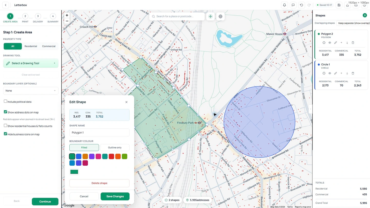 The Engage map editor showing two drawn areas with residential, commercial and total address counts
