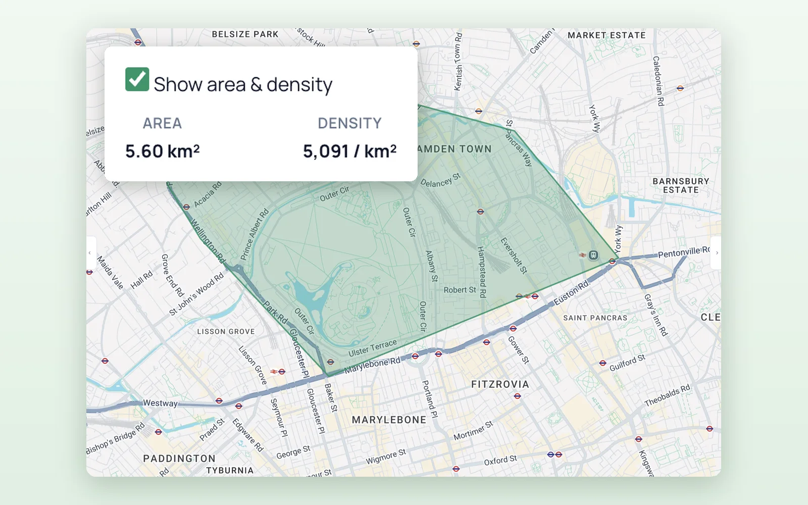 A drawn area over Camden with Show area and density ticked, reading an area of 5.60 square kilometres and 5,091 addresses per square kilometre